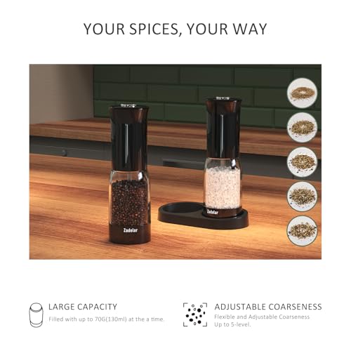 Electric Salt and Pepper Grinder Set with LED Power Display,Larger Capacity Salt and Pepper Shakers Set Rechargeable Electric with Flexible Coarsenes,LED Light,One Hand Operation for Kitchen