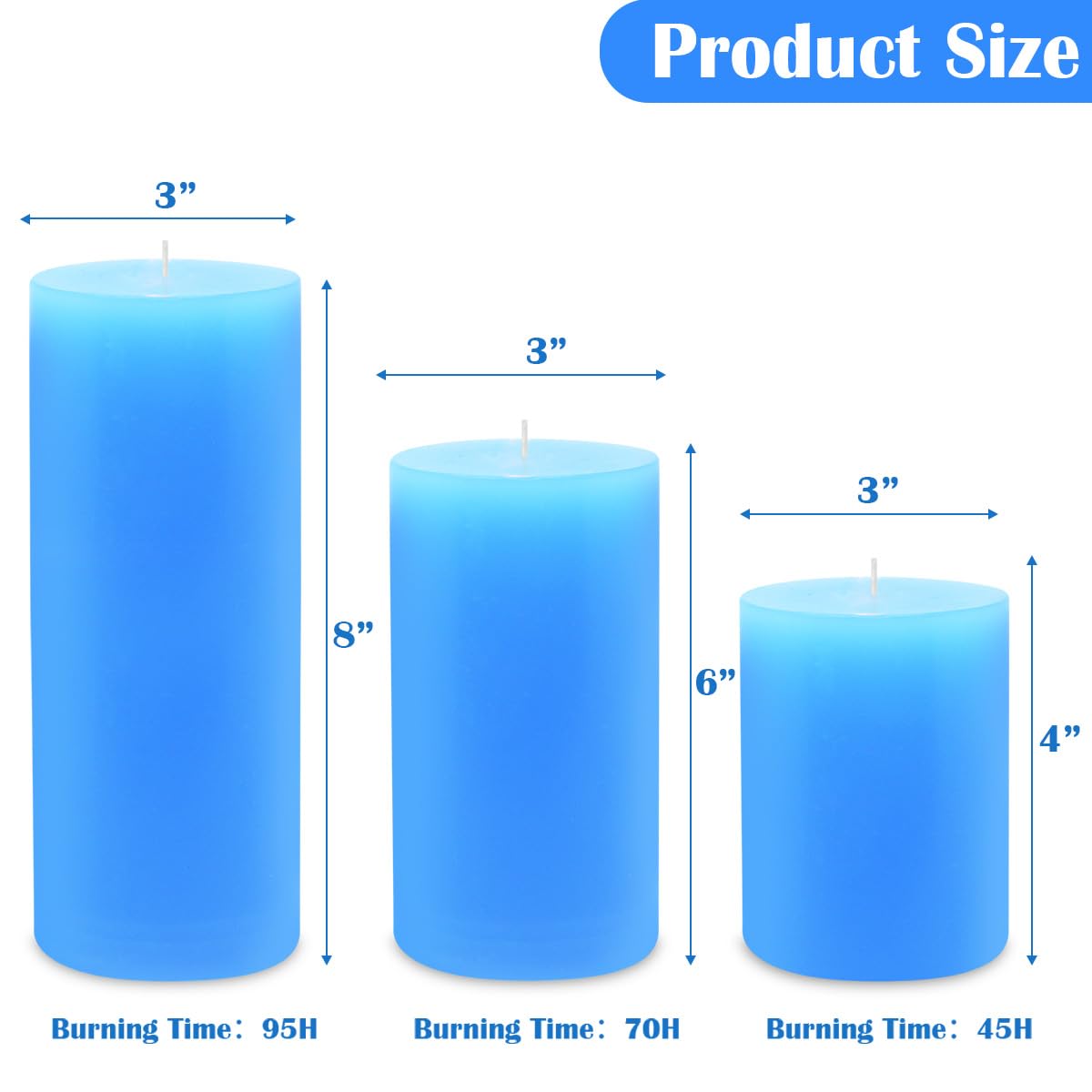 Blue Pillar Candles Set of 3 - Dripless Unscented - 3x4, 3x6 & 3x8 inches Decorative Candles for Home Decor & Table Centerpieces
