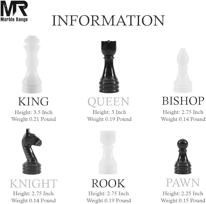 Marble Chess Set for Adults 15 Handmade White & Black Board Game with 32 Chess Pieces 2 Extra Queens & Storage Box Luxury Travel Game – Elegant Home Décor