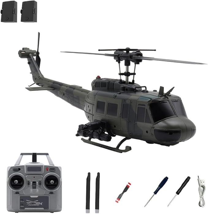 C032 UH-1 Huey RC Helicopter 1/48 Scale 6-Channel Brushless Helicopter with Optical Flow Positioning One Click Inverted Flight & Gyro Stabilized 3D Stunt Military Aircraft Model for Adults