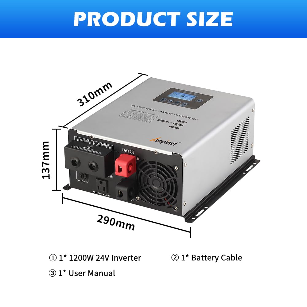 Ampinvt 1200W Pure Sine Wave Inverter with AC Charger, DC 24V to AC 120V Output,UPS Backup Power Low Frequency Inverter for Lithium, Sealed,AGM, Gel,and Flooded Batteries