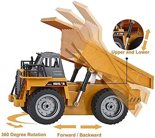 Remote Control Construction Dump Truck Toy 2.4G RC 6 Channel Bulldozer 4 Wheel Driver Mine Construction Alloy Metal Vehicle Truck 1:18 with 2 Rechargeable Batteries for Boys Birthday Gift Age 6+