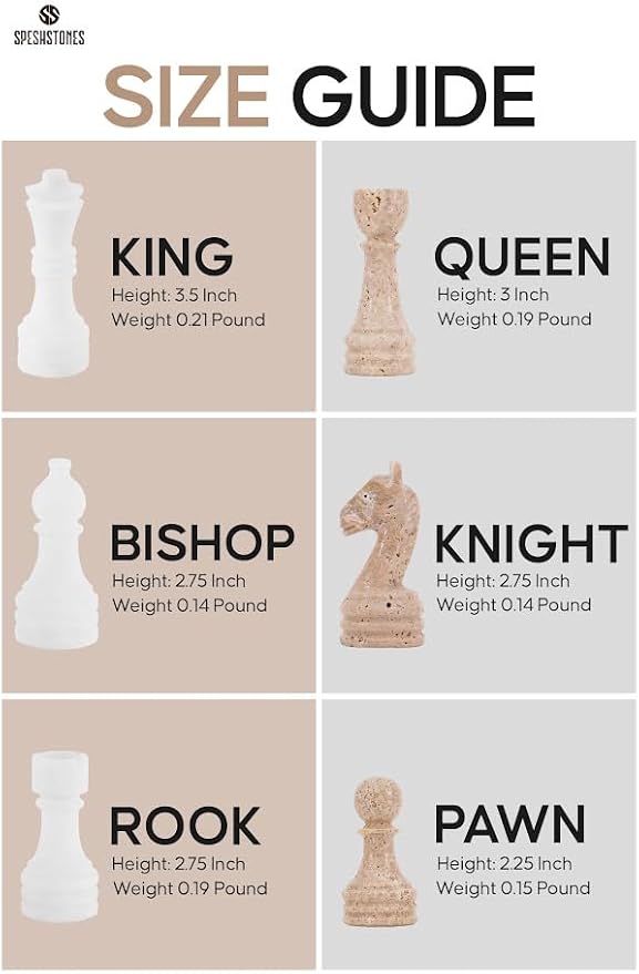 Marble Chess Set 15 Inch Handmade White & Travertine Luxury Board Games for Adults Elegant Table top Board Game Travel Chess Pieces & Storage Box for Gifts & Home Decor
