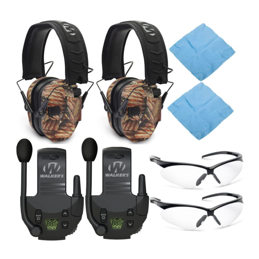 Walker's Razor Slim Electronic Shooting Muff (American Flag, 2-Pack) Bundle with Walkie-Talkie Attachment (2-Pack), Shooting Glass (2-Pack) and Cleaning Cloth (2-Pack) (8 Items)