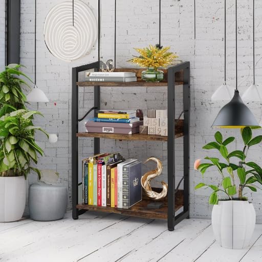Hosfais Book Shelf Small Bookshelf: 3-Tier Wood Bookcase Industrial Bookshelf with Edge Protection Metal Narrow Bookcase Storage Organizer Display Rack for Bedroom Home Office (Rustic Brown)