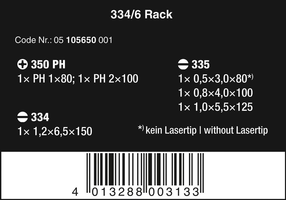 Wera - 5105650001 Kraftform Plus 334/6 Screwdriver Set with Rack and Lasertip, 6-Pieces, Multicolor, Slotted: 6.5x150mm, 3x80mm, 4x100mm, 5.5x125. Phillips: PH1x80, PH2x100