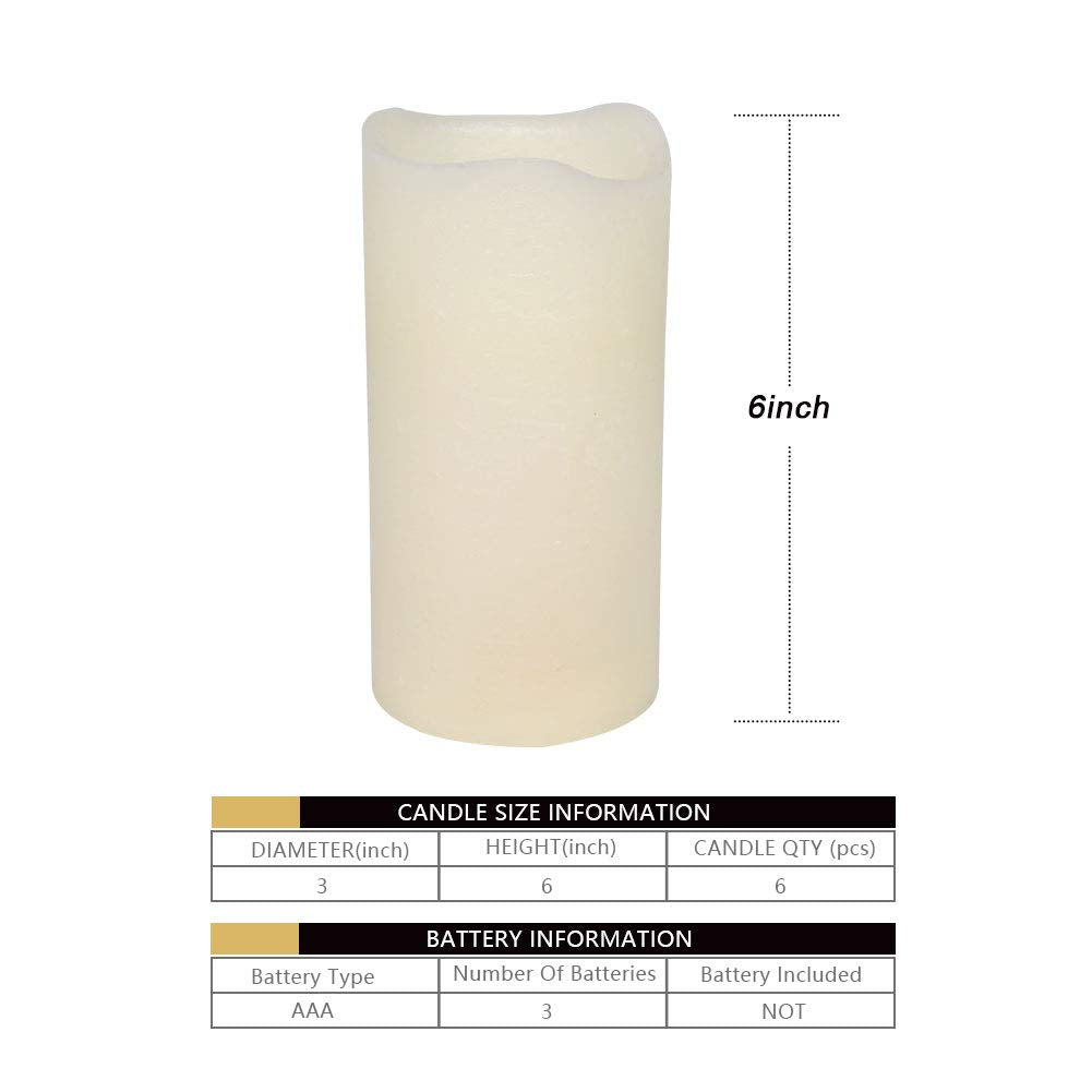 H-BLOSSOM Flickering Flameless Candles Battery Operated Real Wax Pillar Candles LED Candles with Cycling 5H Timer Pack of 6 (3" x 6")