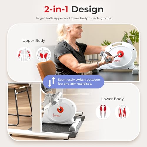 Sunny Health & Fitness (White) Under Desk Smart Mini Pedal Exerciser, Dual Function Exercise Cycle Bike with Low Profile Design - SF-B023005WHT