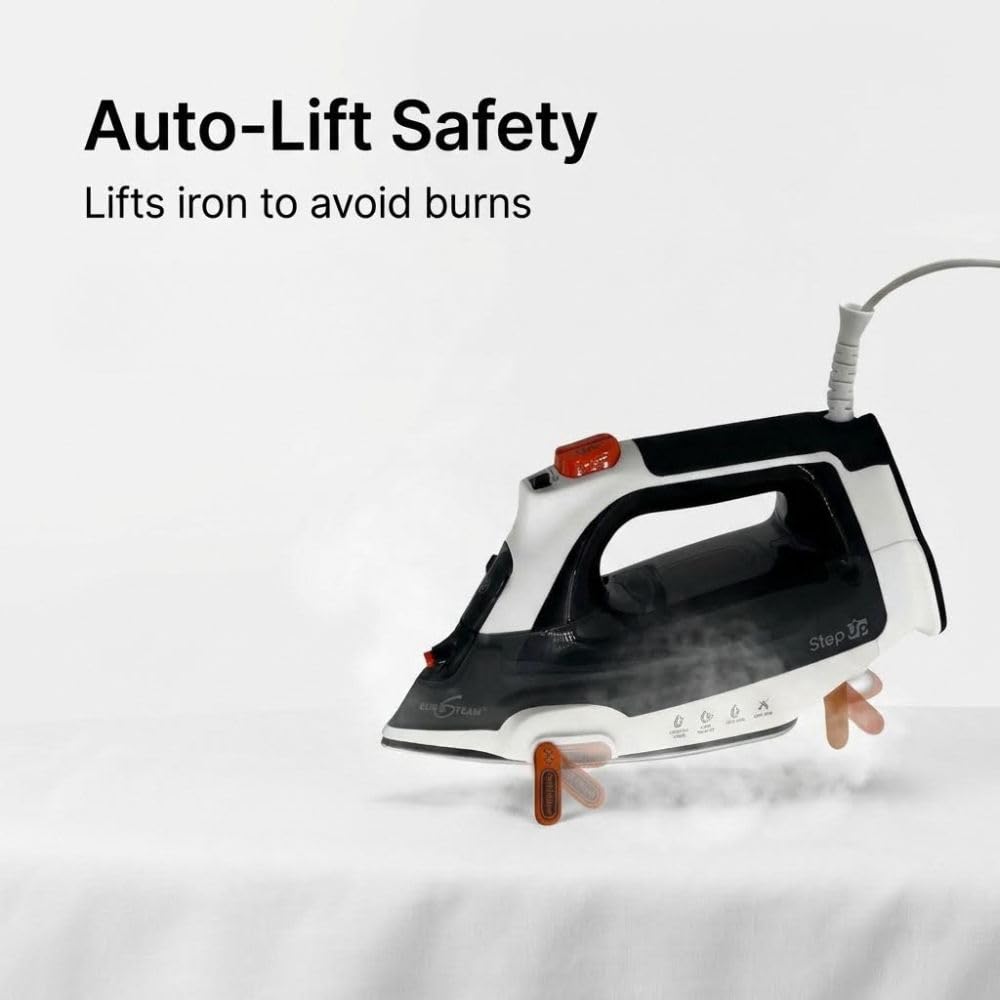 Eurosteam Step Up Iron - Self-Lifting Smart Iron with Ceramic Soleplate - Auto-Lift Safety & Smart Temp Technology for All Fabrics - Ironing Reimagined: Smart, Safe, and Effortlessly Fast