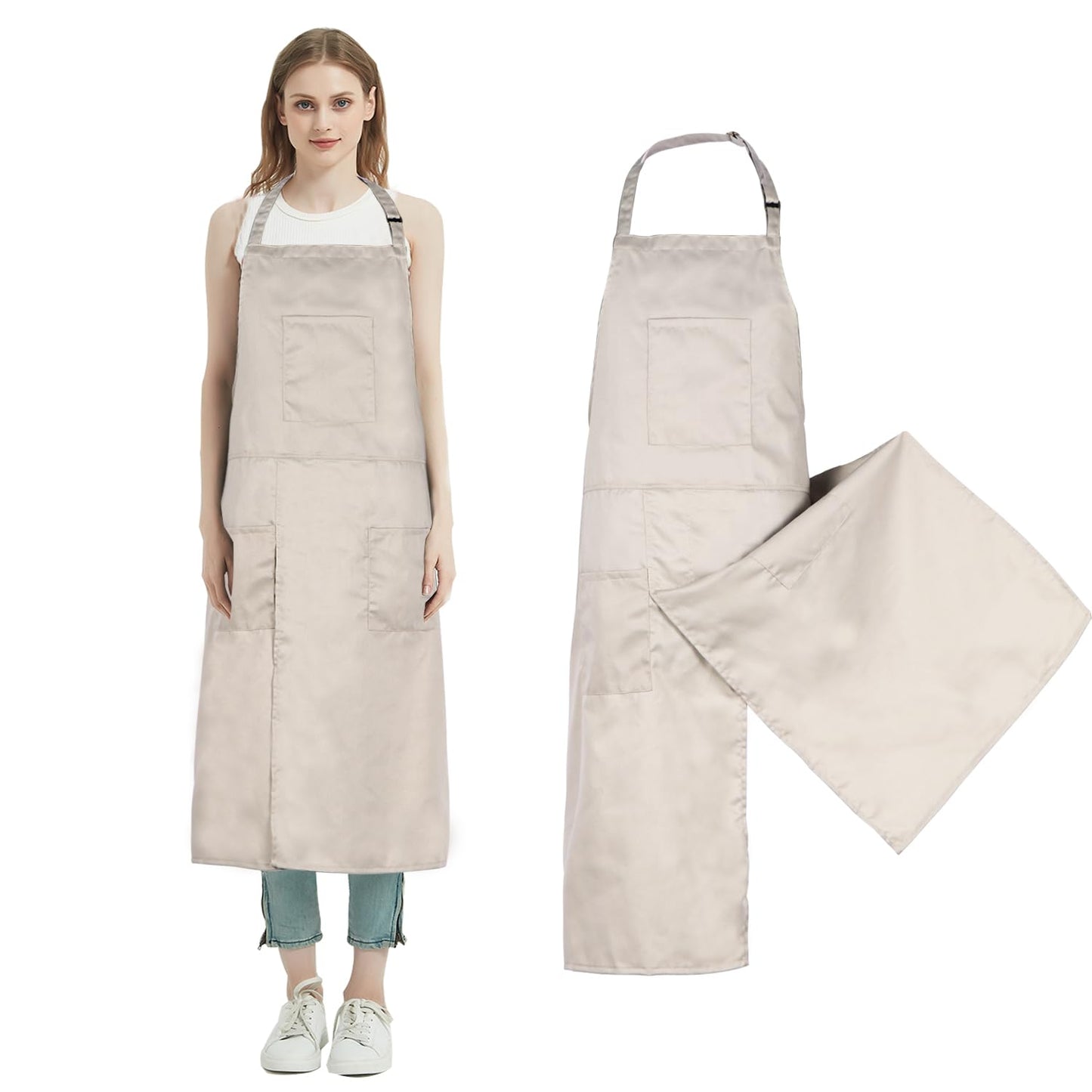 MIKI WELL Pottery Split-Leg Make Ceramic Apron, Long Split-Leg Artist Painting Apron with 3 Pockets for Men and Women (Khaki)