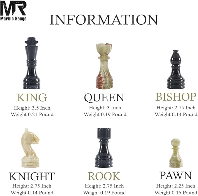 Marble Chess Set for Adults 15 Handmade Black & Green Onyx Board Game with 32 Chess Pieces 2 Extra Queens & Storage Box Luxury Travel Game – Elegant Home Décor