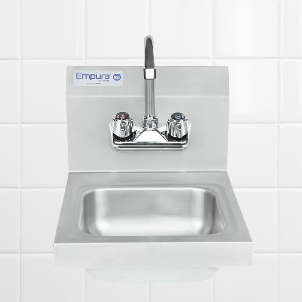 Empura 17" Wide Stainless Steel Wall Mounted Hand Sink | Commercial Prep Utility 14" x 10" for Kitchen Laundry Garage | 4" Center Gooseneck Faucet, 9.5" Backsplash, 17"W x 15"D x 13"H, 20 Gauge, NSF
