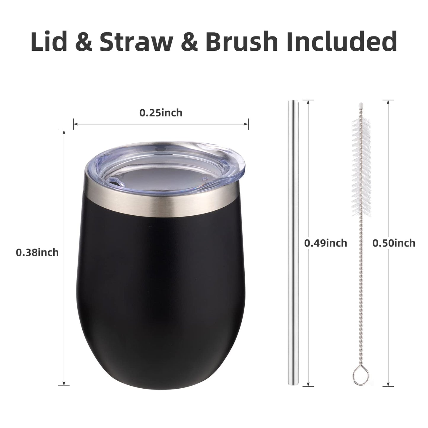 FristChoice 12 oz Insulated Wine Tumbler with Lid and Straw,Stainless Steel Stemless Wine Tumbler Glasses Double Wall Vacuum Wine Cups Tumbler Bulk for Coffee,Champaign,Cocktail(Black,1)