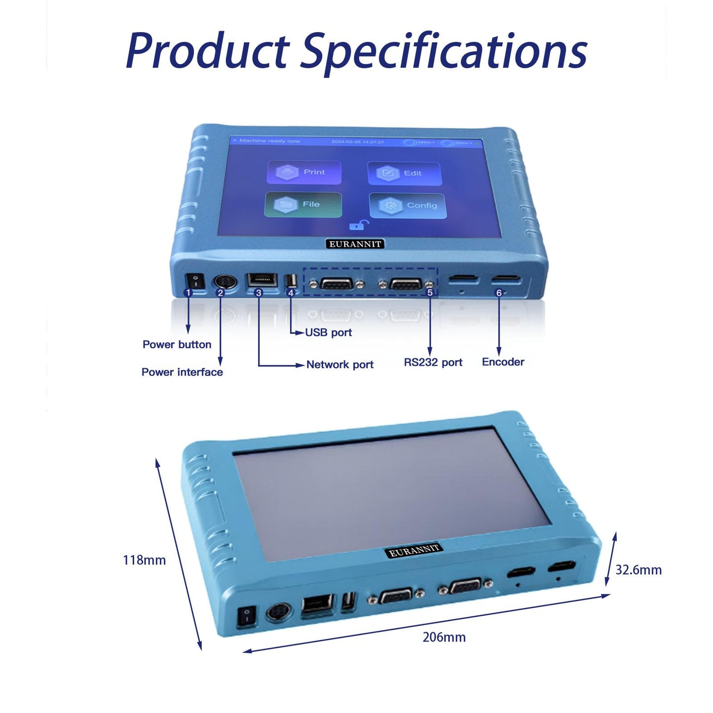 Eurannit Automatic Inkjet Coding Machine for Production Line, Thermal Inkjet Printer 260E with 7”Touchable Screen for Date/Batch/QRCode/Barcode/Logo etc (2 Nozzle / 1 in)