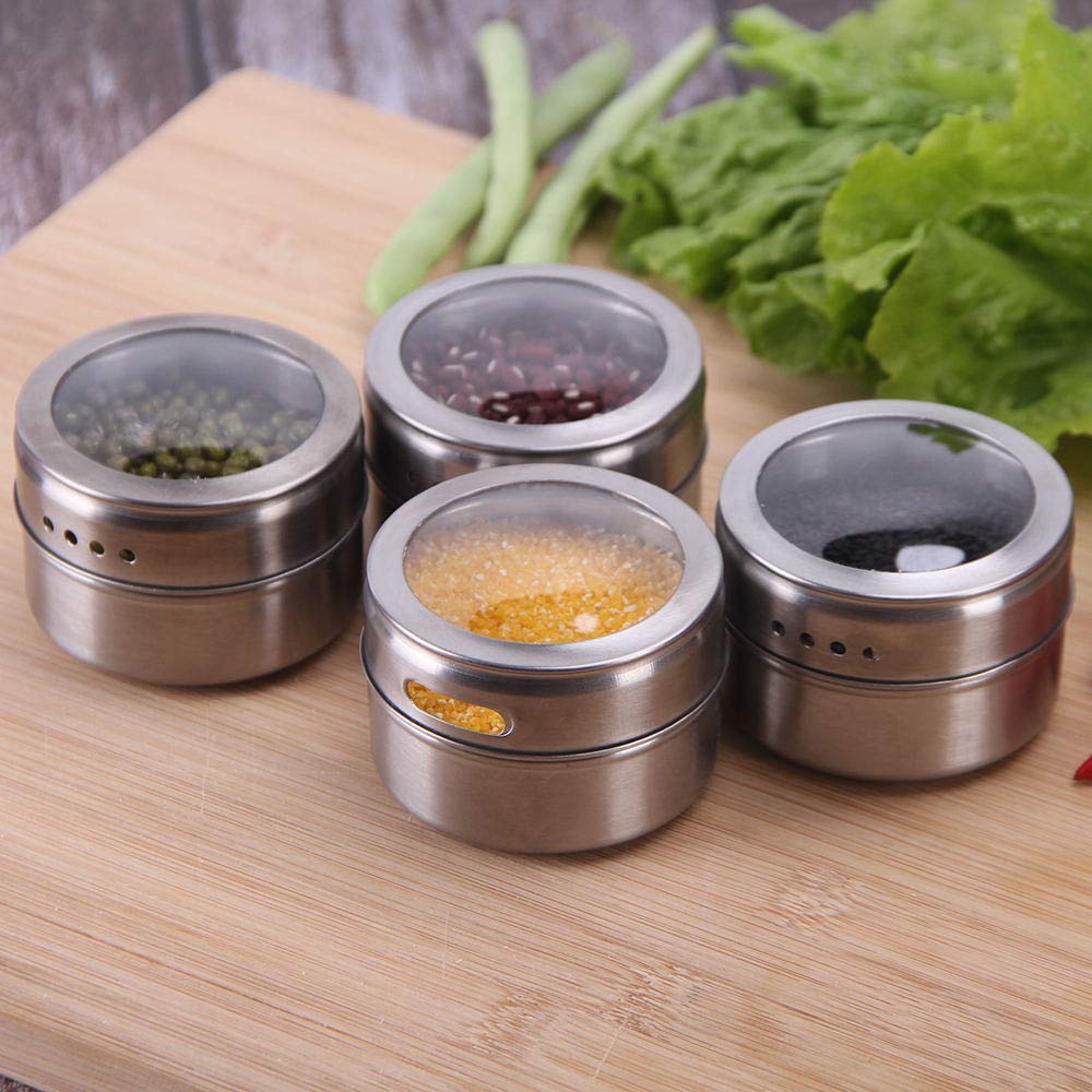 Sanvcomy 12 Powerful Magnetic Spice Tins- Stainless Steel Spice Storage Containers, Kitchen Spice Jars with Clear Lid with Sift & Pour, Rack Magnetic on Fridge, 120 Spice Labels