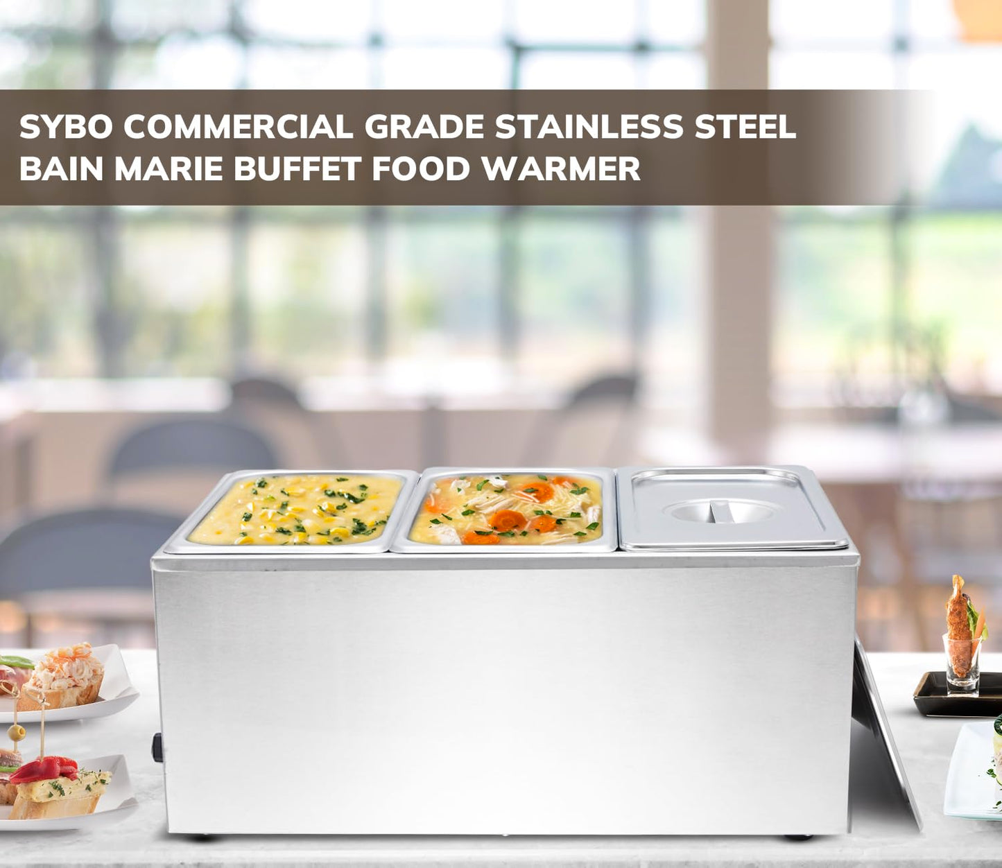 SYBO Commercial Food Warmer Steam Table Buffet Server, Stainless Steel Bain Marie for Catering & Restaurants, Electric Food Warmer for Parties Buffet, 3 Pan Sections with Tap, Silver