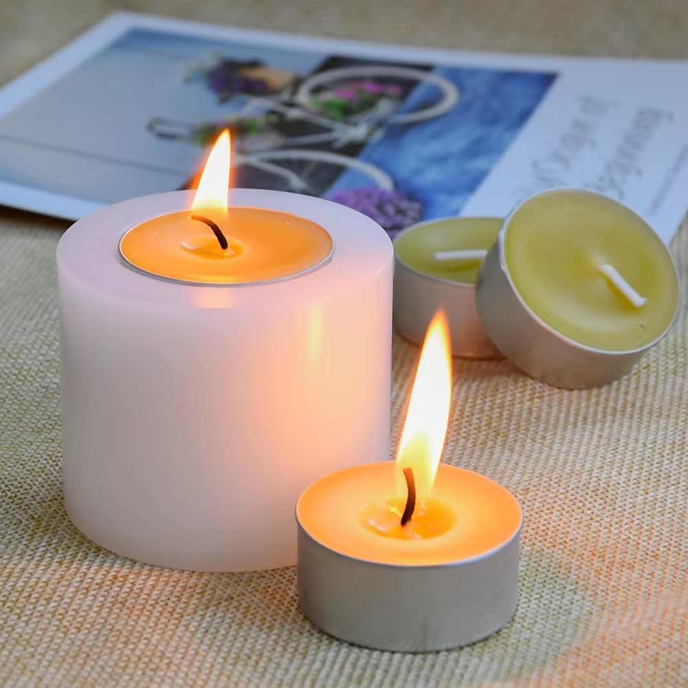 100% Pure Beeswax Tea Light Candles, 50-Pack, Natural Unscented Honey Aroma Tealights in Aluminum Cups. 4-Hour Clean-Burning, Soot-Free