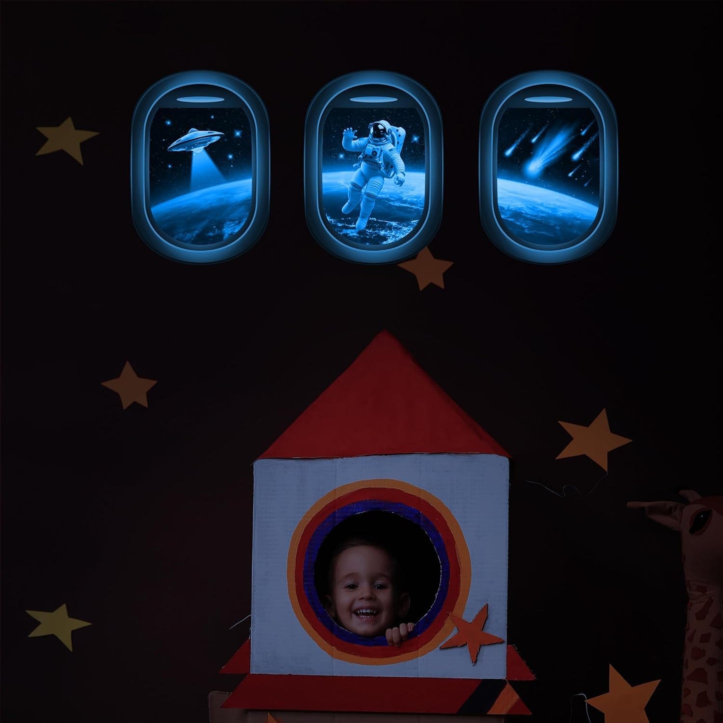 Quanhaigou Glow in The Dark 3D Space Wall Decals, Set of 3 Galaxy Window Stickers for Wall,Planet Themed Room Decor for Kids Boys