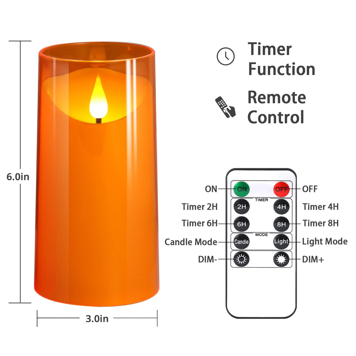 NURADA Flameless Candles with Remote and Timer - 3D Wick Unbreakable Acrylic Battery Operated LED Pillar Battery Candles for Fall Thanksgiving Dinner Tables Wedding Party Home Decor - Orange 2 Pack
