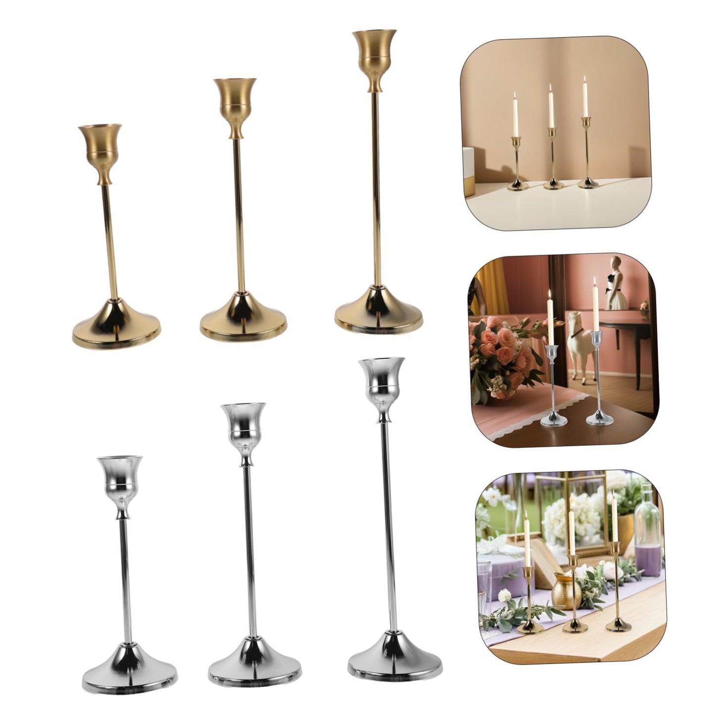 SWOOMEY 6pcs Metal Candlestick Holders for Taper Candles Secure Support and Polished Shiny Finish, Elegant European Craftsmanship, for Dinner Table Centerpiece and Wedding Events Décor