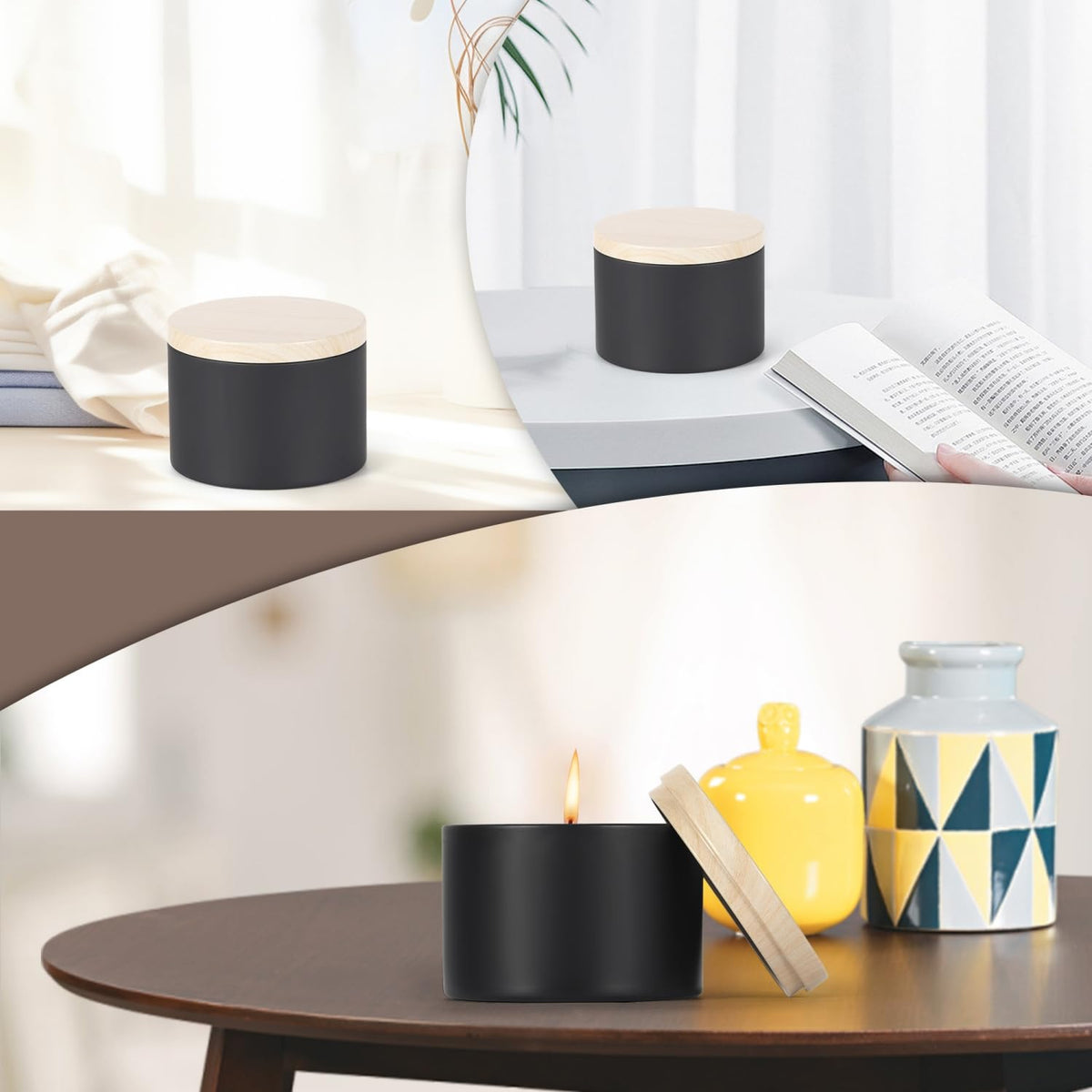 SONVIIBOX 24 PCS 8oz Candle Tins, Black tins with Wood-Grain Metal lids,Candle Jars for Making Candles Bulk,8oz Candle Jars,Tin Jars for Candle Making