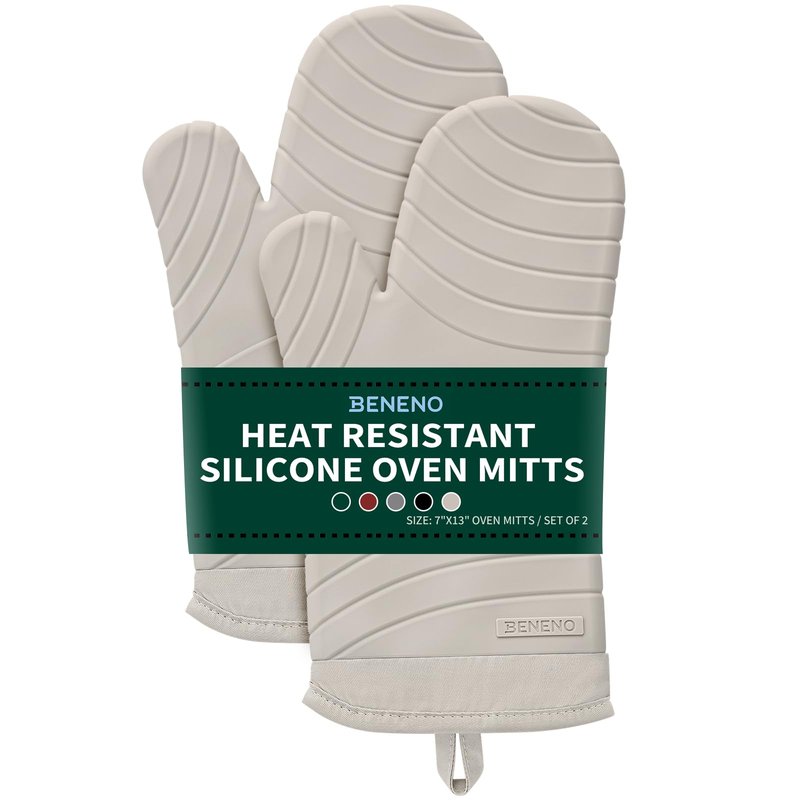 Beneno BPA-Free Silicone Oven Mitt 2-Pack Set, Heat Resistant 500°F Oven Mitts with Non-Slip Grip, Soft Thicker Lining, 7"x13", Beige