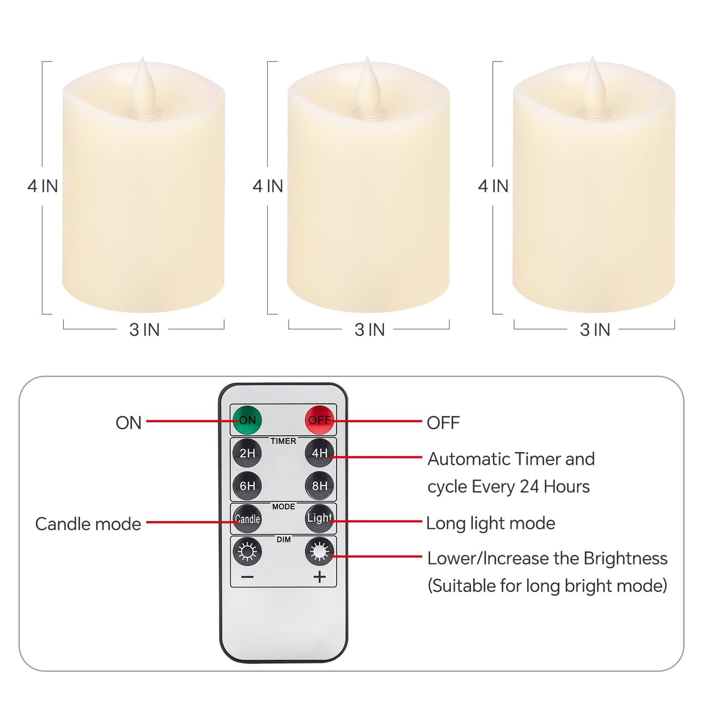 milysoek 3x4 Flickering Flameless Candles Set of 3,Real Wax Pillar LED Candles,with Timer,4 inch Flameless Candles with Remote,for Party Wedding Holiday Home Decor,Ivory