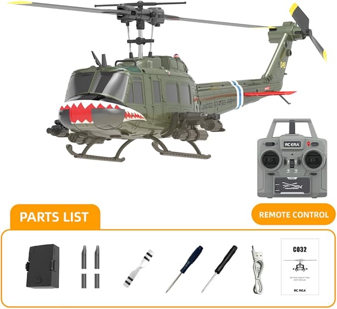 RC ERA C032 UH-1 Huey 6CH Helicopter for Adults 1/48 Scale RC Helicopter Brushless with 6-Axis Gyroscope Stabilization with Altitude Hold & 3D Inverted Flight(Shark Mouth 4 Battery)