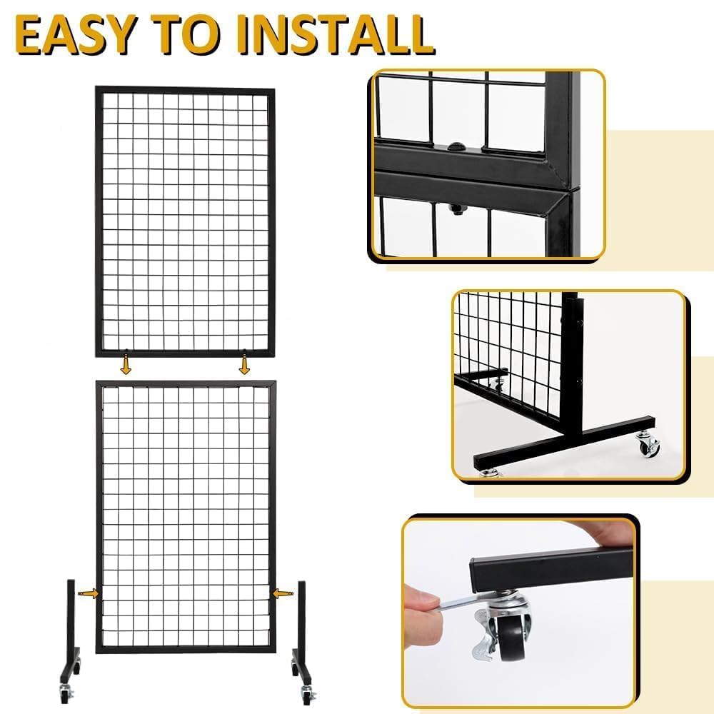 OUDUCK 3 Packs 1.8' x 5.7' Grid Wall Panels Standing Wire Grid, Display Rack with T-Base Wheels Freestanding Gridwall Panel Tower for Shows, Black