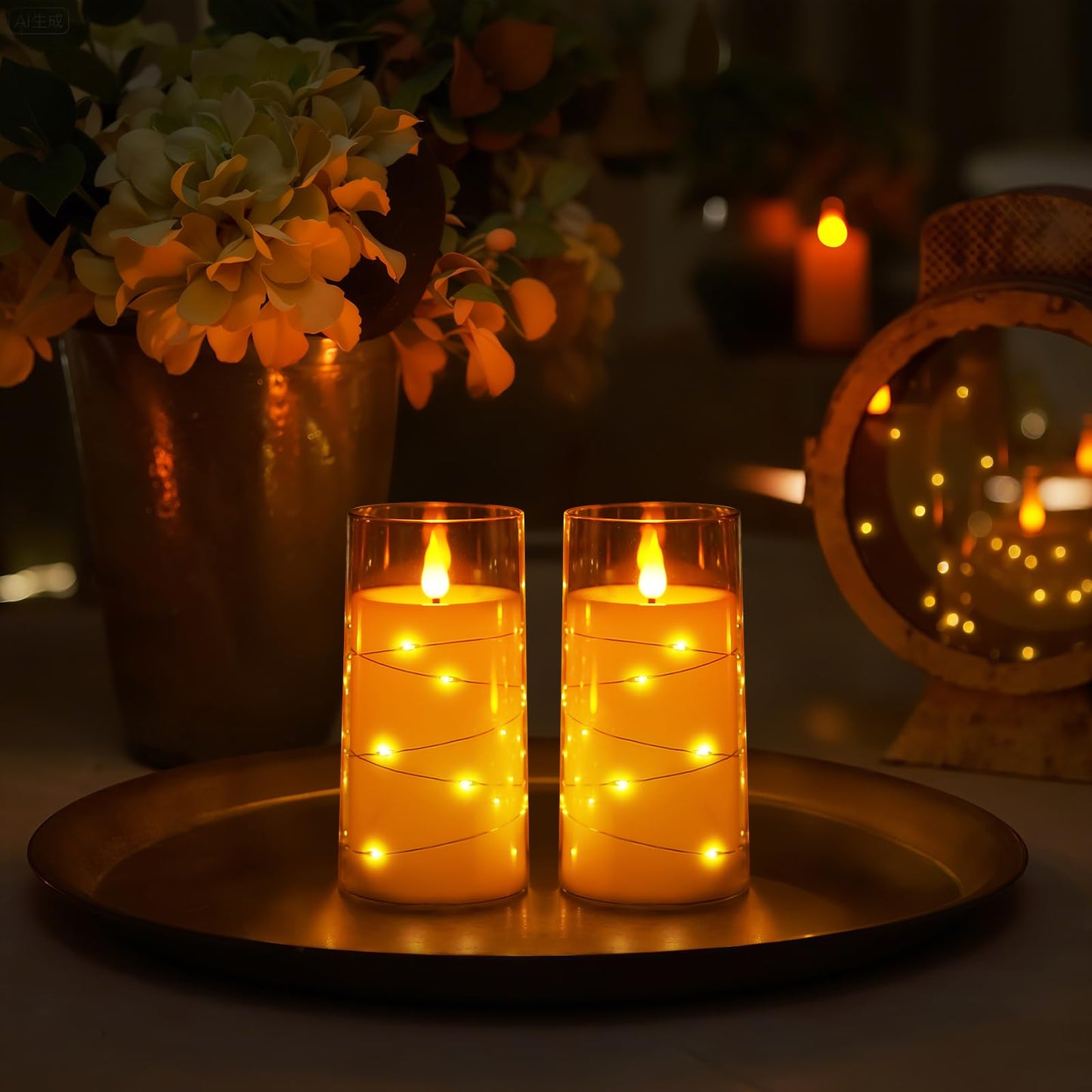 Homemory Flameless Candles with Embedded Star String Fairy Lights, Battery Operated Candles, LED Candle, Fake Candles with Remote Control and Timer, Gold, Set of 2(H 6" 6")