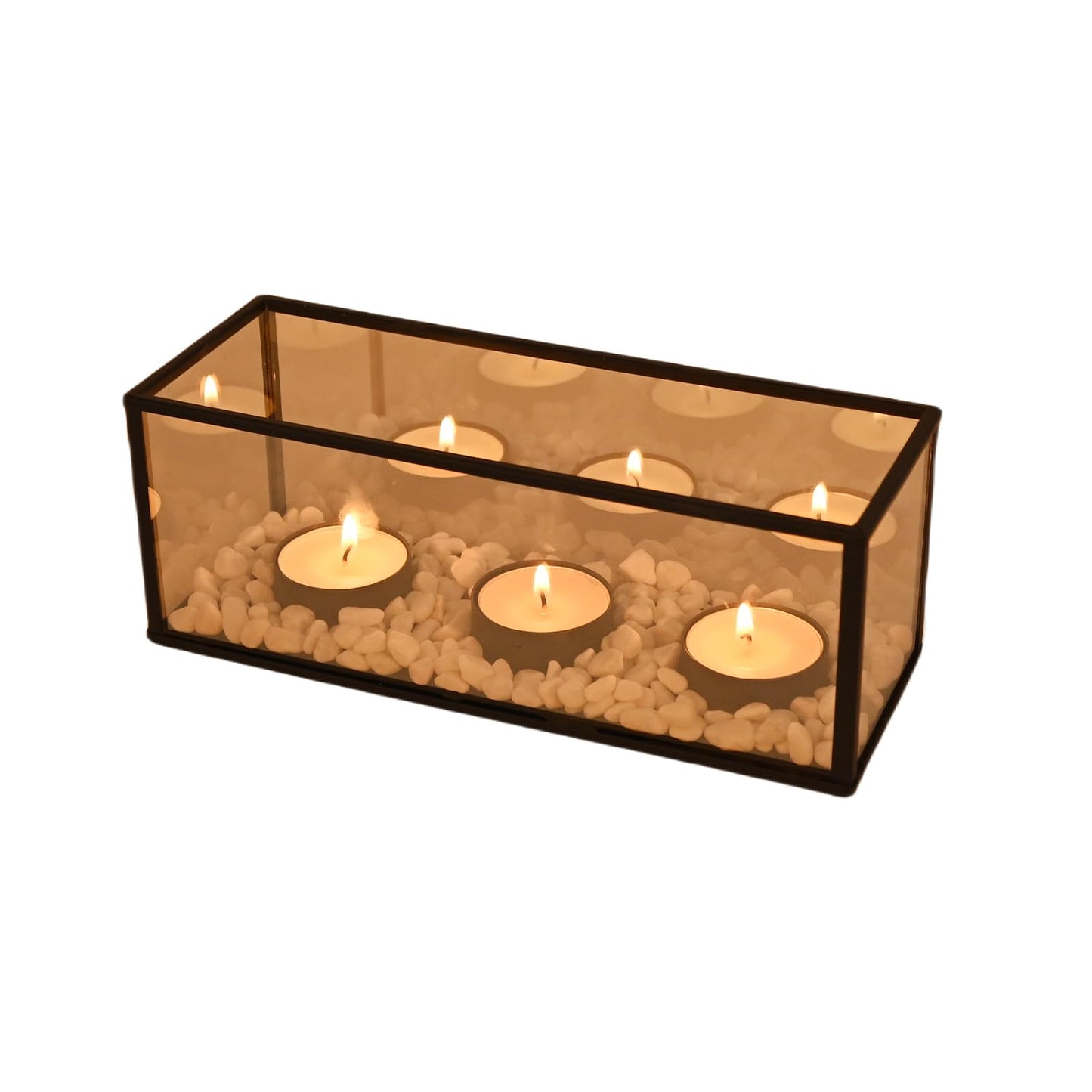 Black Metal Glass Frame Candle Holder with 3 Round Tealight Bases,Long Glass Tea Light Candle Holder Centerpiece Box, 8.5 x 3.15 x 3.15in (3 Candle Cup Bases)