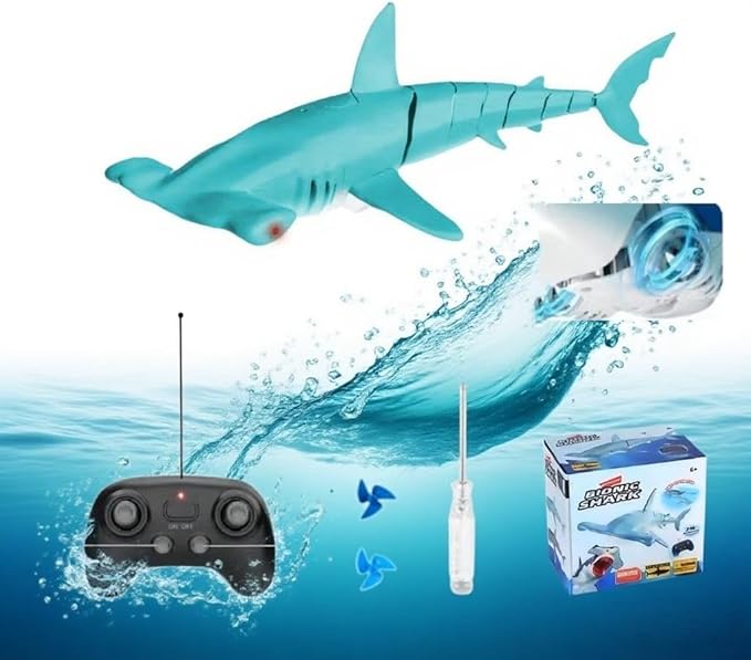 Beach and Summer Pool Remote Control Shark Boat Bath Toy RC Submarine Robo Shark Model Realistic Wiggle-Tail Electric Fish Hammerhead and Dusky Sharks (Cyan)