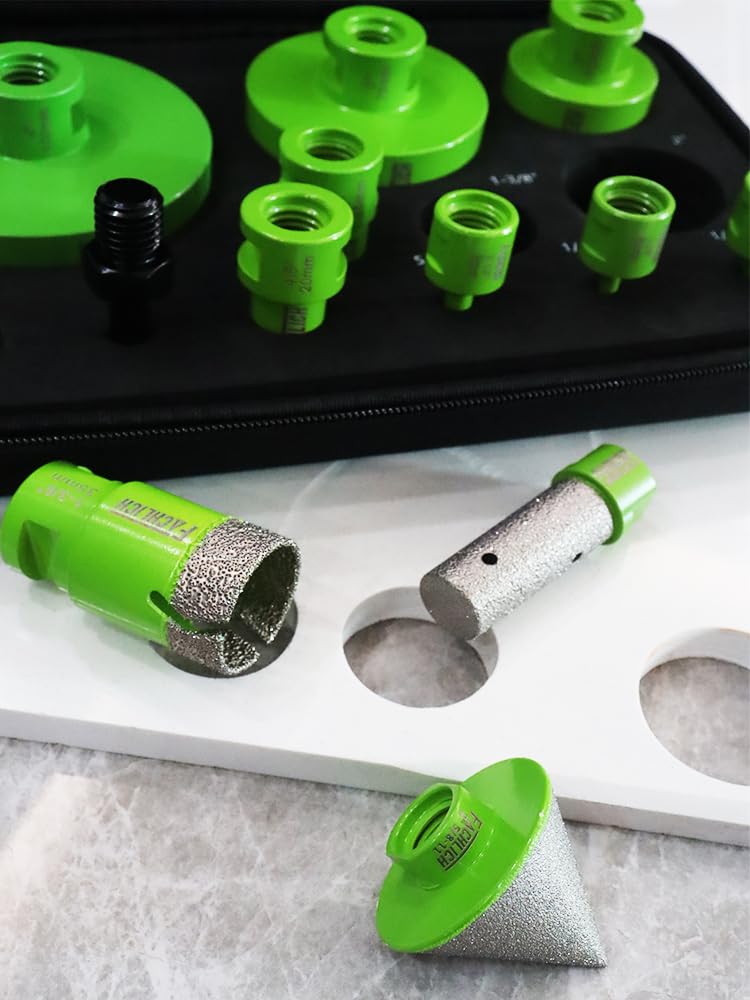 FACHLICH Tile Hole Saw Kit - 12pcs Diamond Core Drill Bits Set 1/4" 5/16" 4/5" 1" 1-3/8" 2" 3" 4" with 4/5" Finger Bit 2" Beveling Chamfer Bit for Porcelain Ceramic Granite Marble