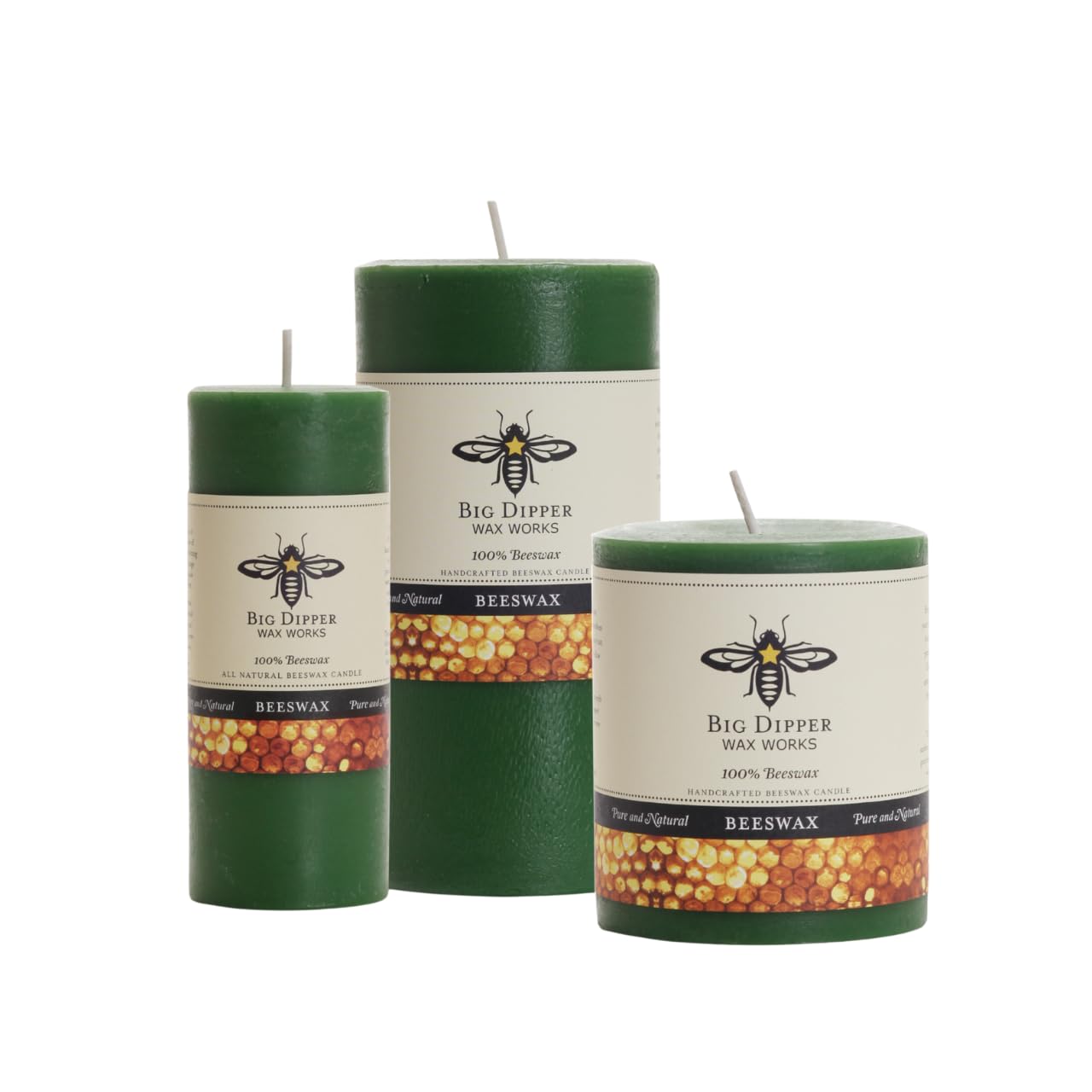 Big Dipper Wax Works Moss Green Pillar Candle, 60-Hour Long Burn, Pure Beeswax Candle, 3" x 3.5”