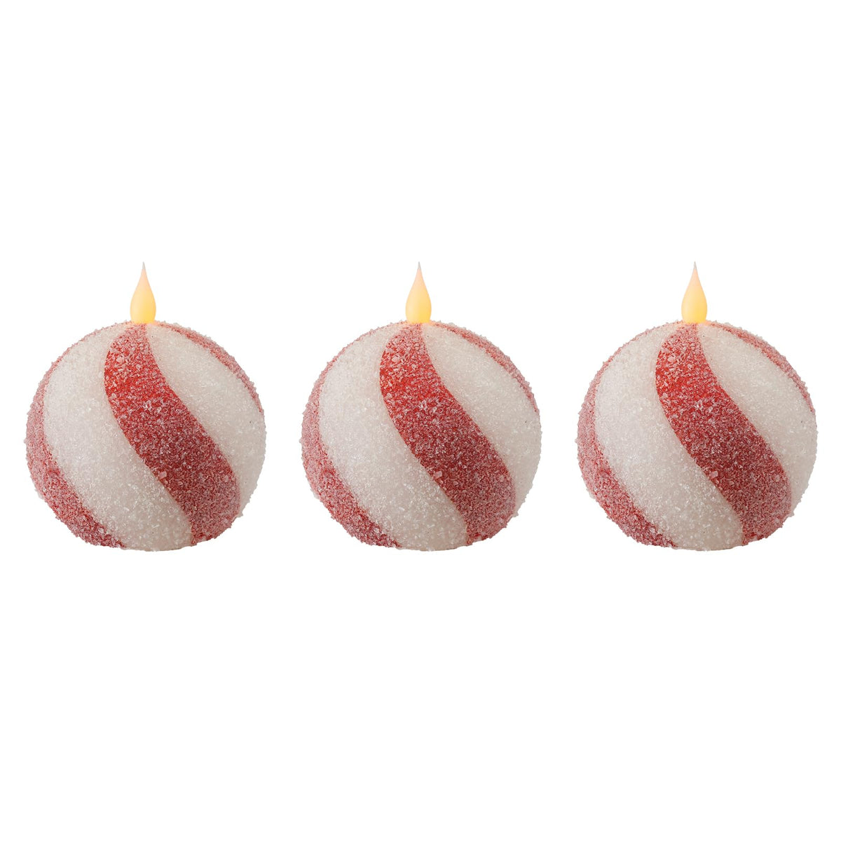 Set of 3 Christmas Sphere Candy Cane Flameless Candles, Glitter Red White Real Wax Flickering Ball Candles Battery Operated with Remote, Candy Cane Christmas Decorations, Xmas Party Centerpieces Decor