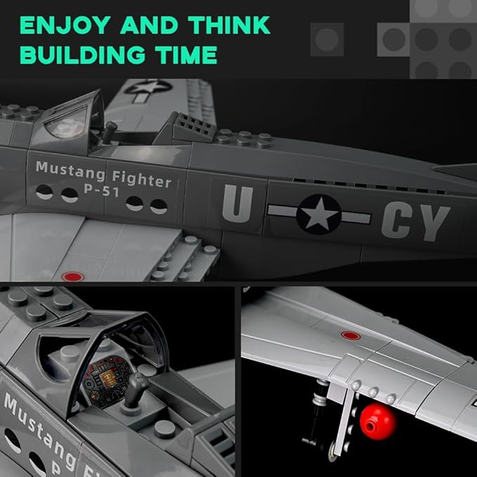 P-51 Mustang Fighter Airplane Military Building Set with Display Stand - 258 Piece Model Kit for Adults Collectors & Hobbyists