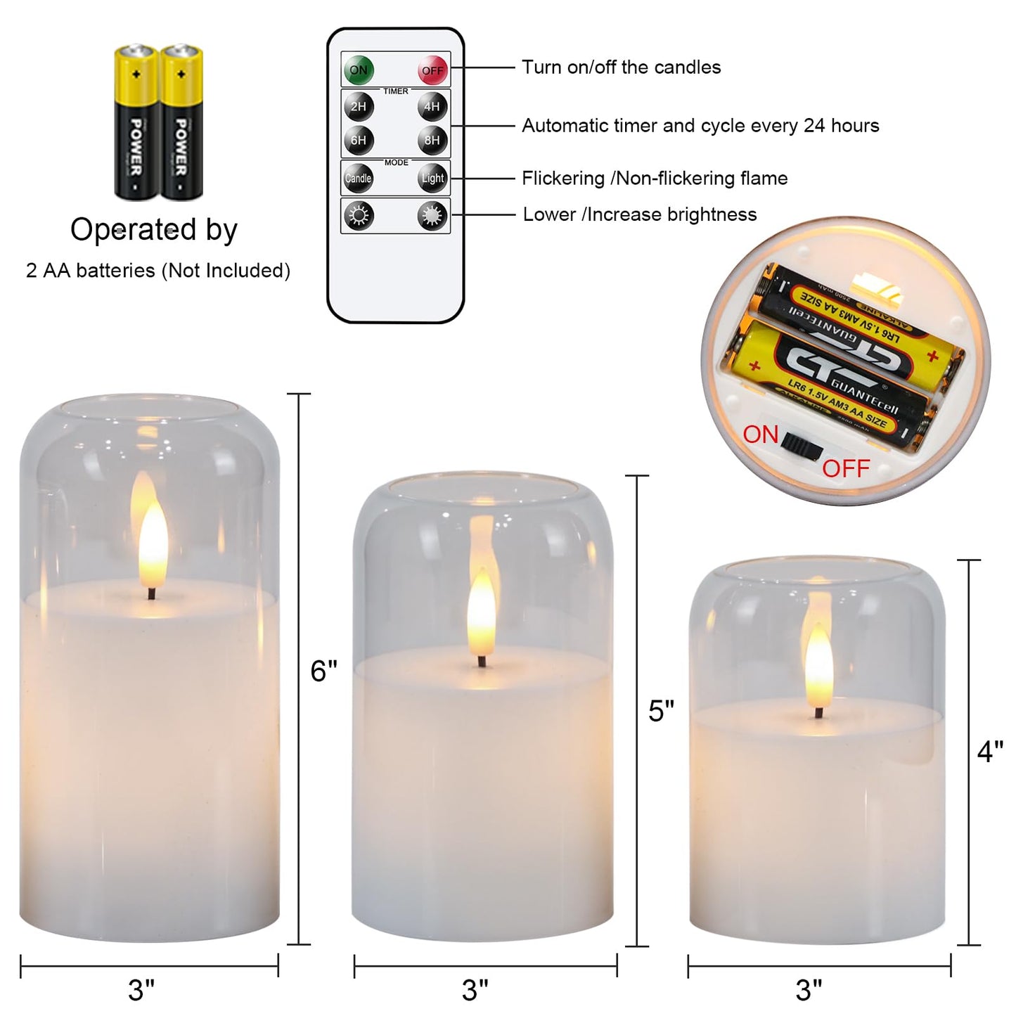 GenSwin Glass Flameless Candles with Remote Timer, Clear Battery Operated Candles with Flickering Flame, Glass and Real Wax LED Pillar Candle for Halloween Christmas Home Decor(Set of 3, D3”x4”5”6”)