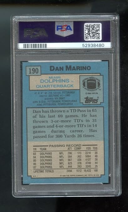 1988 Topps #190 Dan Marino PSA 10 Graded Football Card NFL Miami Dolphins GEM MT MINT