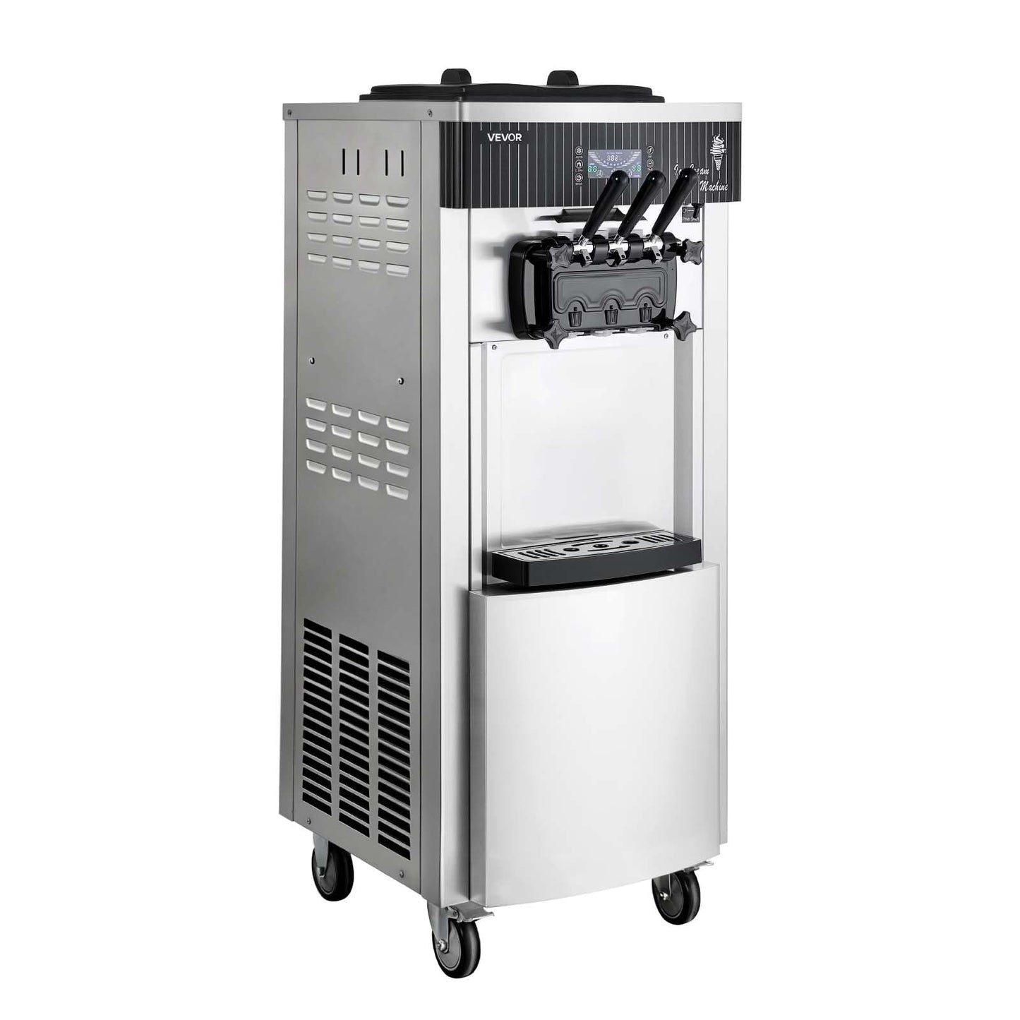 VEVOR Commercial Ice Cream Machine, 20-28L/H Yield, 2200W 3-Flavor Freestanding Soft Serve Ice Cream Maker with 2 x 6L Hoppers & Hopper Agitation, Pre-Cooling Self-Cleaning for Snack Dessert Shops