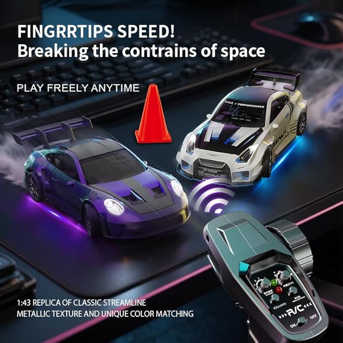 1/43 Scale RC Drift Car 2.4G Full Proportional 4WD Remote Control Car with Gyro Adjustable Speed & LED Lights Alloy RC Vehicle for Adult