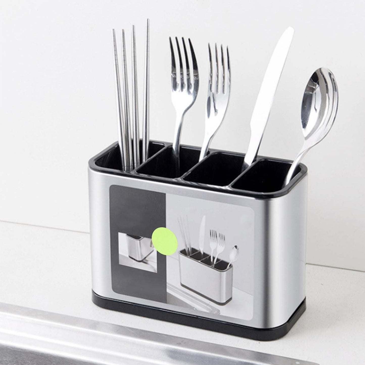 FAMIWIN Silverware Cutlery Organizer, Stainless Steel Kitchen Utensil Holder with 4 Compartments for Counter, Caddy Organizer for Faltware Spoon Fork and Tool