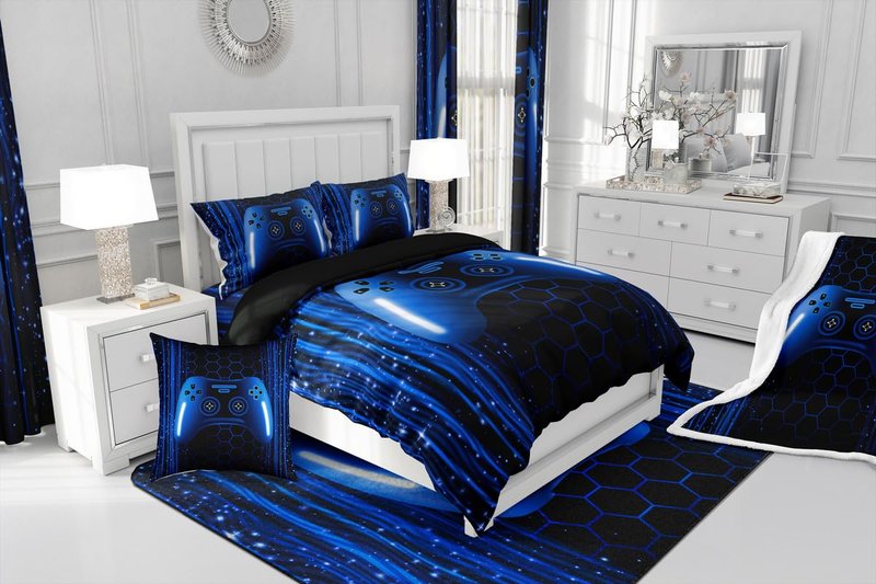 Erosebridal Kids Gamer Full Comforter Set for Boys Bedroom Neon Lights Dark Blue Gaming Bedding Set for Kids Teens Game Console Quilt Striped Honeycomb Hexagon Comforter Geometric Duvet Insert
