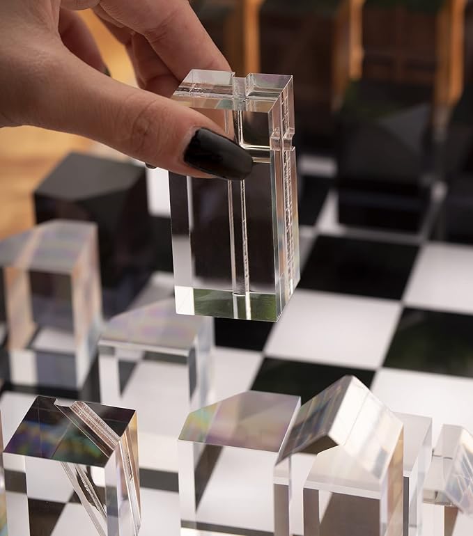 Bey-Berk Dom Acrylic Chess Set 28-Piece Black and Clear Lucite Pieces with 14 x 14 Board Architectural Modern Showpiece