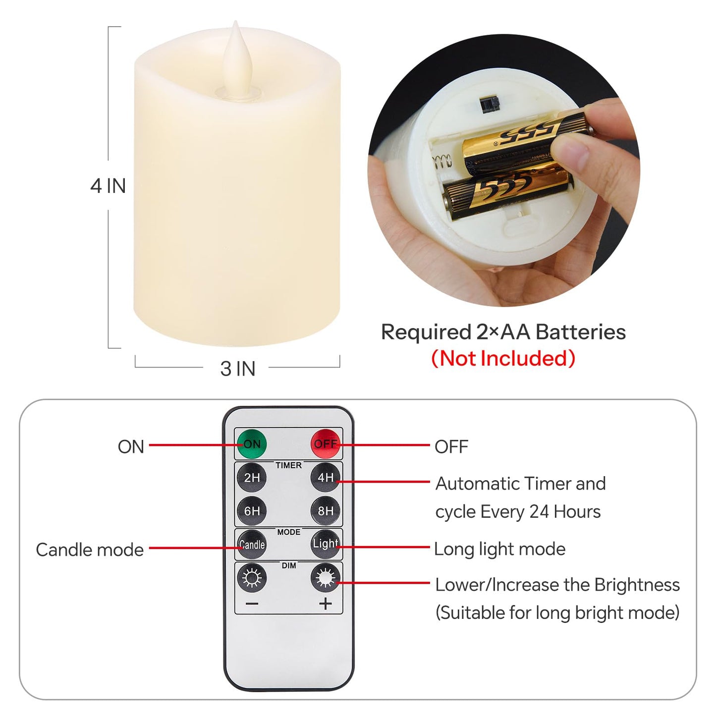 milysoek 3x4 Flickering Flameless Candles Set of 1,Real Wax Pillar LED Candles with Battery,with Timer,4 inch Flameless Candles with Remote,for Christmas/Halloween/Party/Wedding,Ivory