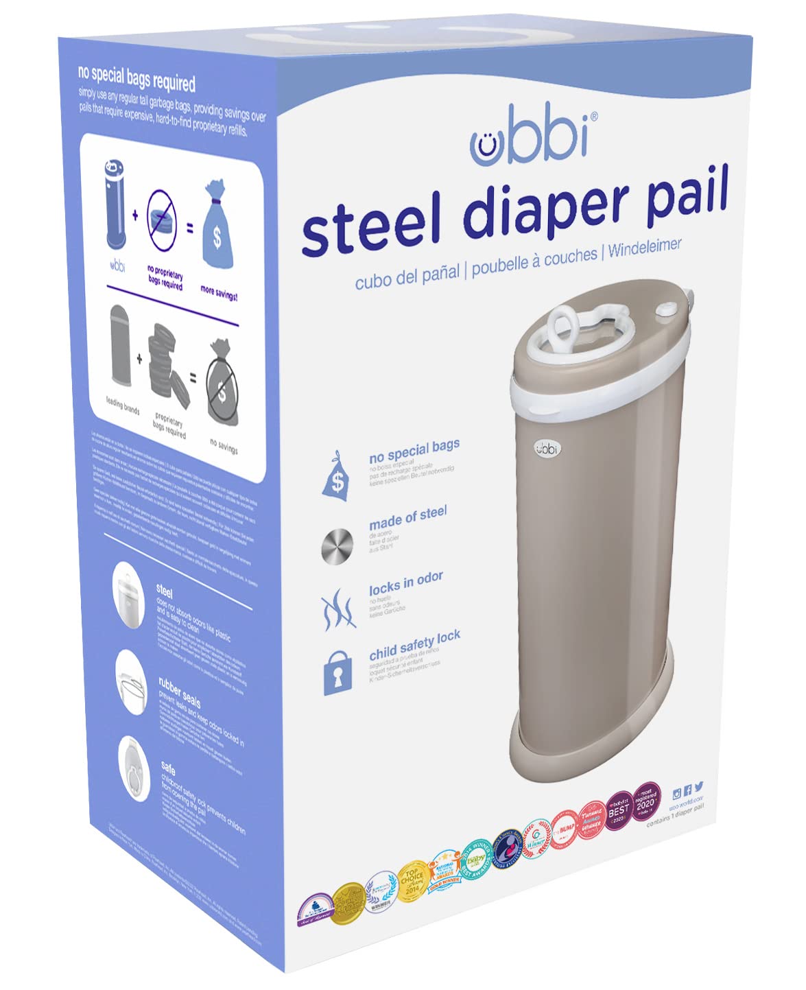 Ubbi Stainless Steel Diaper Pail - Odor Locking Design, No Special Bags Required | Taupe Color
