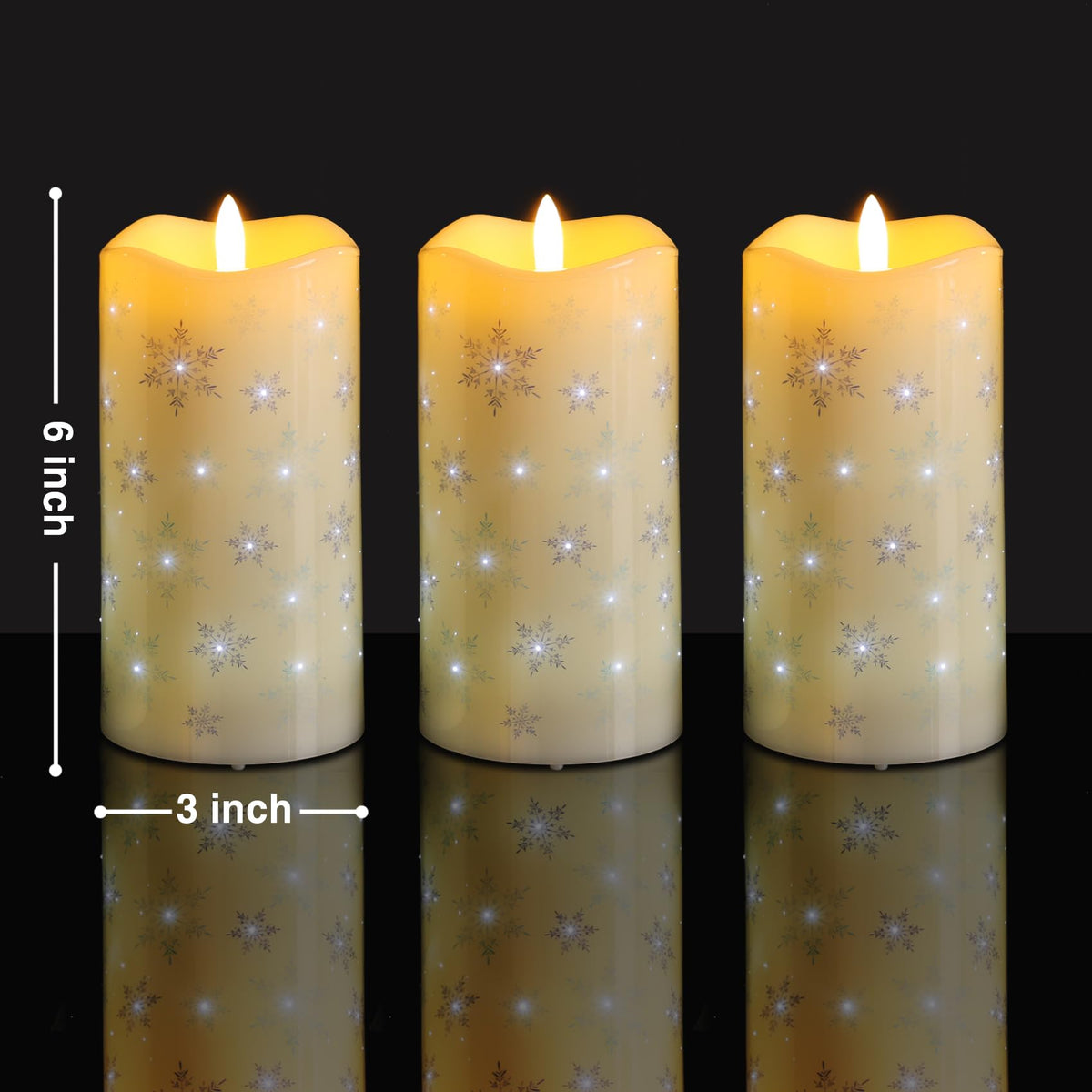 Eywamage Christmas Flameless Pillar Candles with Remote, Snowflakes Fiber Optic LED Candles Battery Operated Set of 3