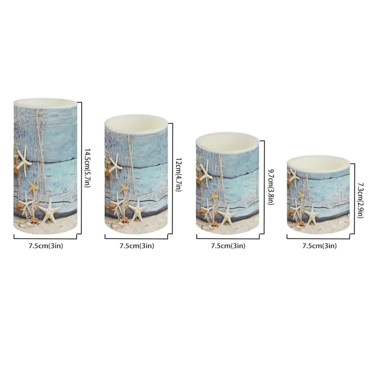 NETILGEN Flickering Flameless Candles 4 Pieces Set, LED Pillar Candles with Timer Battery Operated Tea Lights for Coastal Decor, Beach Starfish with Blue Wood Grain