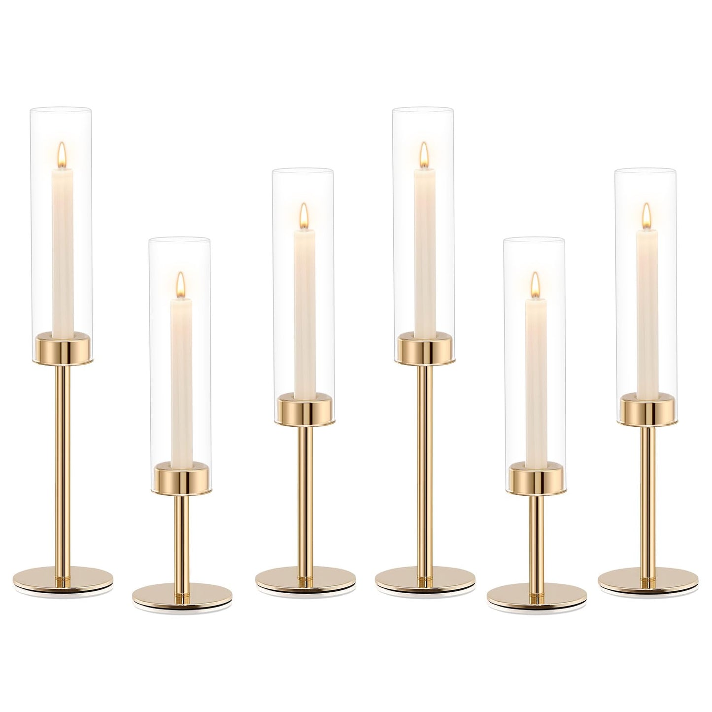 Gold Hurricane Candle Holders Set of 6, Tall Metal Windproof Glass Taper Candle Holder for Candlestick, Candle Sticks Decor, Table Centerpieces for Wedding, Candlelit Dinner Party Fireplace Decoration