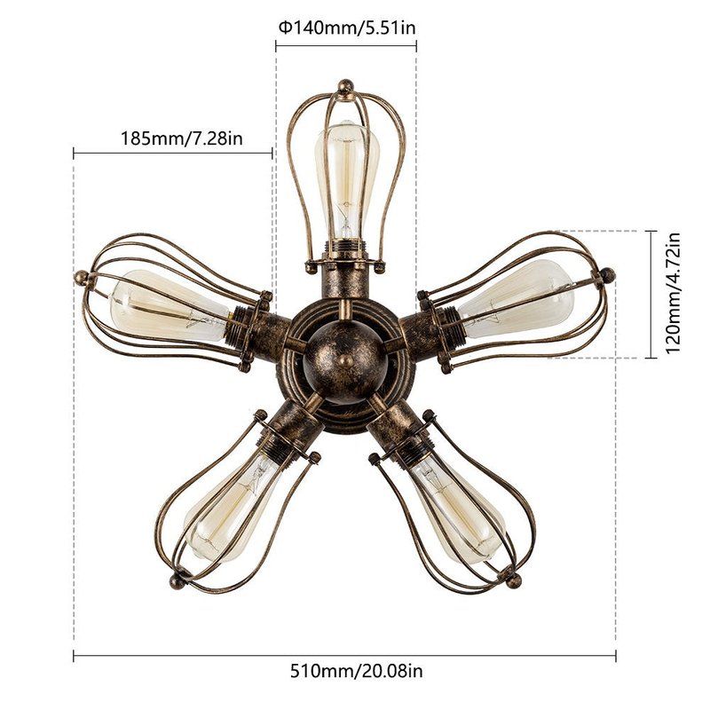 moonkist Vintage Ceiling Light Industrial Semi-Flush Mount Ceiling Light Metal Fixtures Painted Finish (with 5 Light) (Bronze)