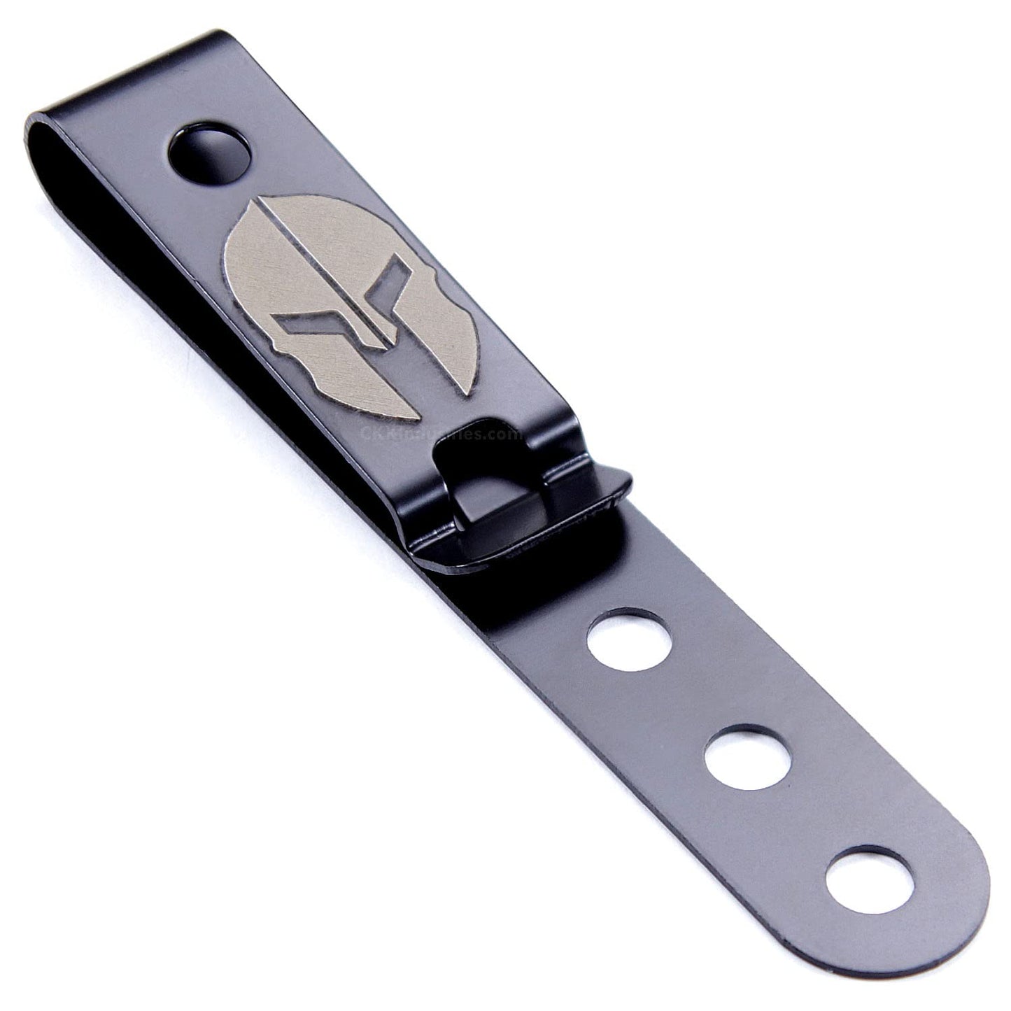 HolsterSmith Universal Metal Belt Clip for Holster Making - (Model 5) - (3-Hole) - (Tactical Black) - (w/Spartan Helmet Engraving) - (1 Pack)